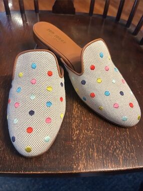 Jon Josef Beige Canvas Mules with Multicolor Polka Dots. Brand new never worn